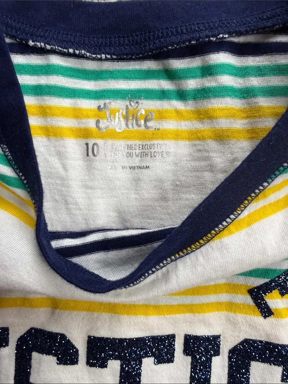 Justice White Striped Long Sleeve Tee with Navy, Yellow & Green